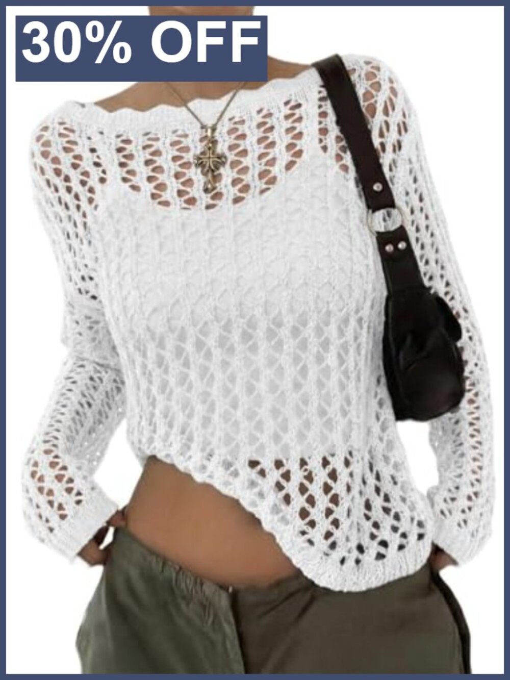 Crochet Hollow Out Knit Sweater Womens Long Sleeve Pullover